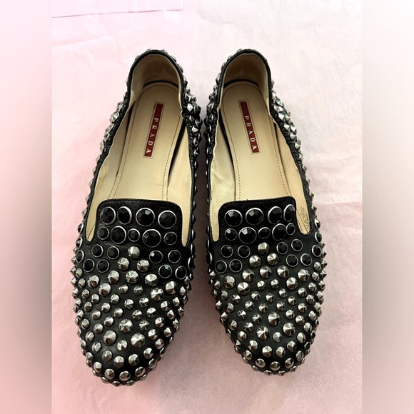 PRADA Studded Crystals Black Leather Slip On Smoking Loafers Flats Shoes Sz 38 - Picture 3 of 10